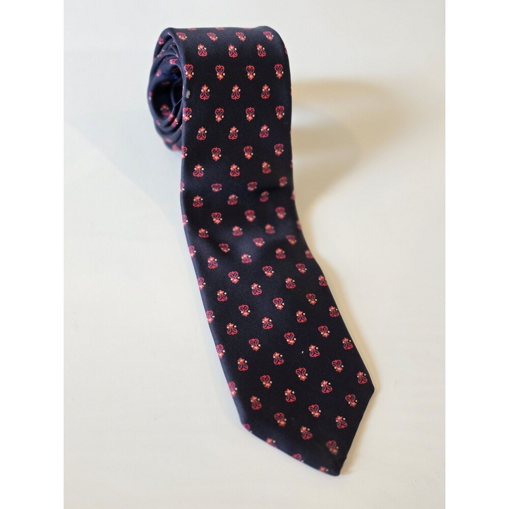 Vintage Neiman Marcus Necktie | Navy Fleur-de-Lis Medallion Foulard Print |...